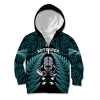 New Zealand Aotearoa Rugby Kid Hoodie NZ Tiki With Maori Fern World Cup Turquoise Version LT14 Zip Hoodie Turquoise - Polynesian Pride
