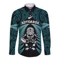 New Zealand Aotearoa Rugby Long Sleeve Button Shirt NZ Tiki With Maori Fern World Cup Turquoise Version LT14 Unisex Turquoise - Polynesian Pride
