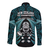 New Zealand Aotearoa Rugby Long Sleeve Button Shirt NZ Tiki With Maori Fern World Cup Turquoise Version LT14 - Polynesian Pride