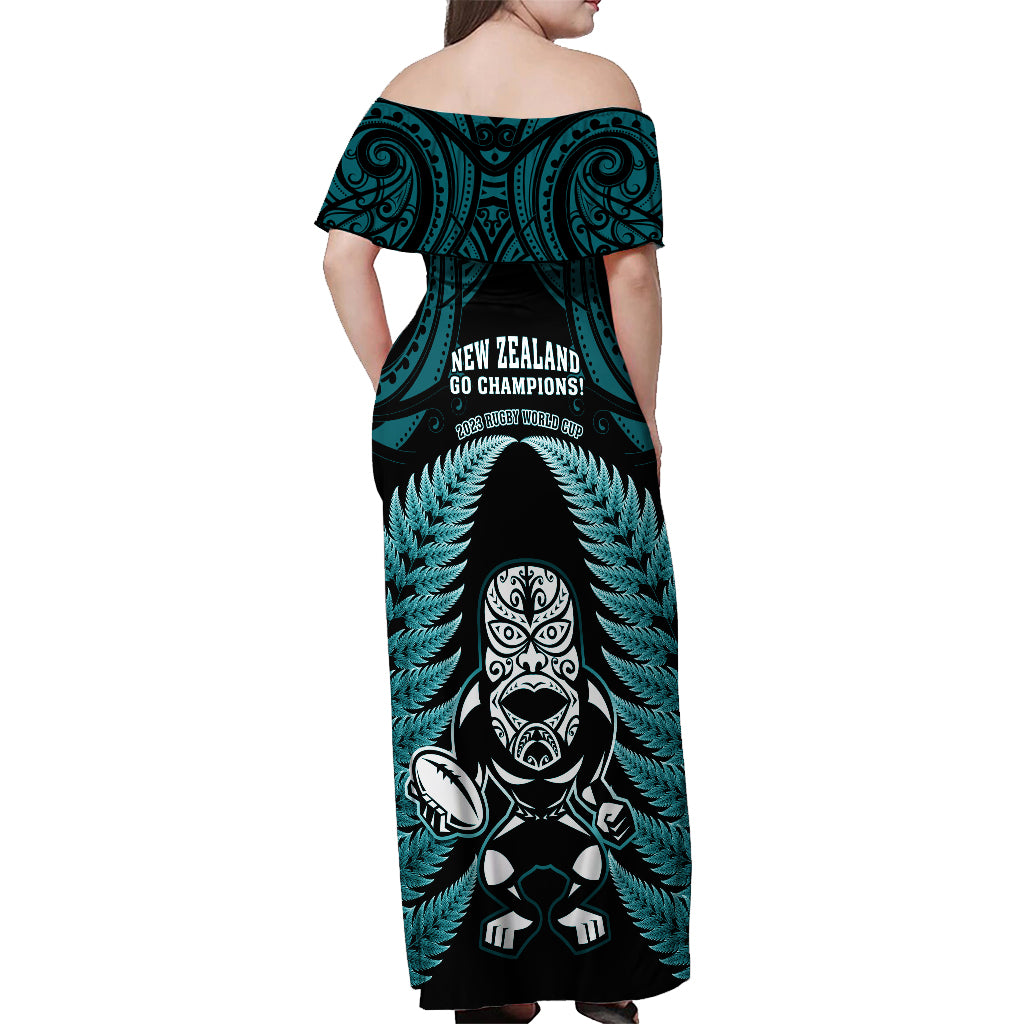 New Zealand Aotearoa Rugby Off Shoulder Maxi Dress NZ Tiki With Maori Fern World Cup Turquoise Version LT14 - Polynesian Pride