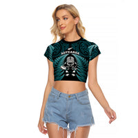 New Zealand Aotearoa Rugby Raglan Cropped T Shirt NZ Tiki With Maori Fern World Cup Turquoise Version LT14 Female Turquoise - Polynesian Pride