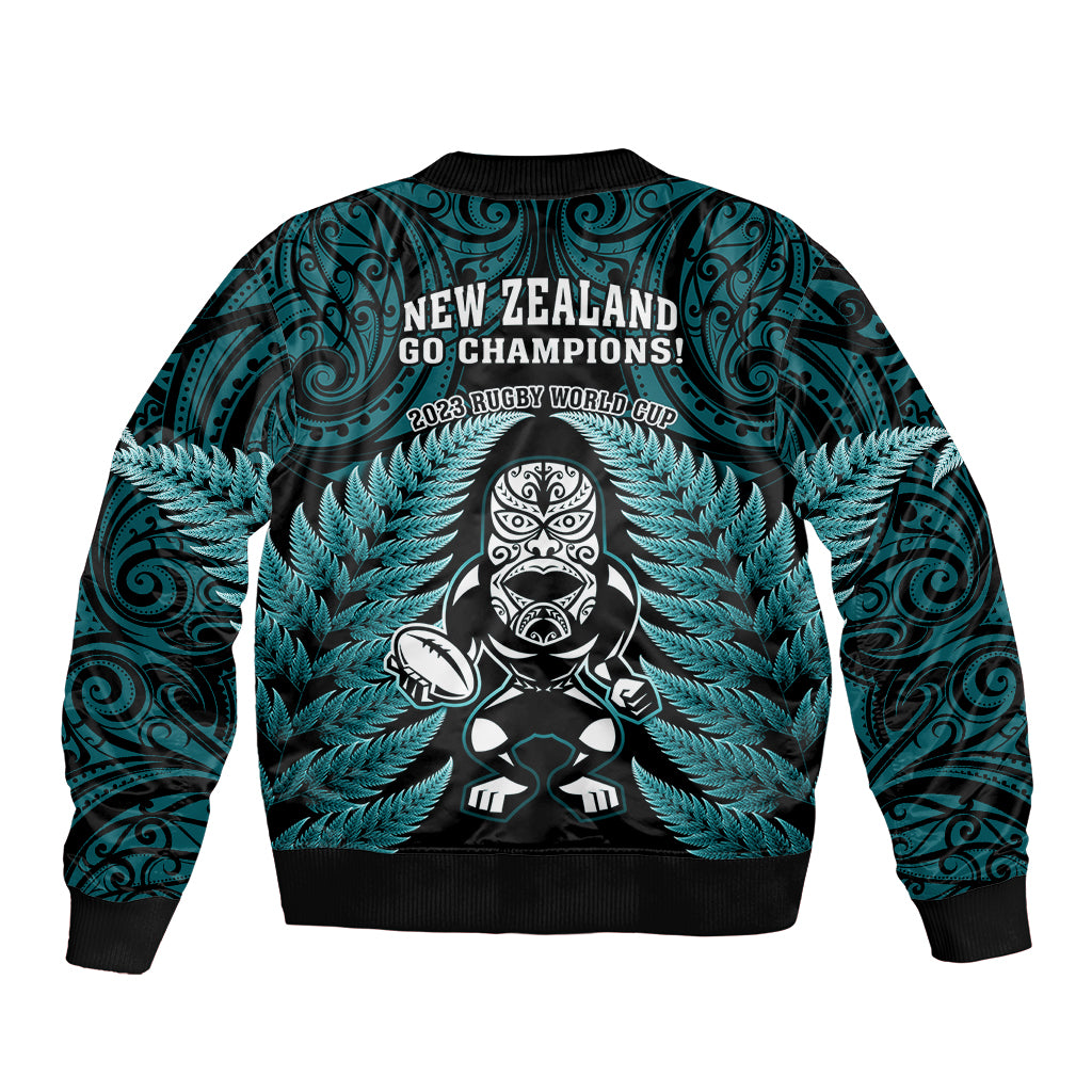 New Zealand Aotearoa Rugby Sleeve Zip Bomber Jacket NZ Tiki With Maori Fern World Cup Turquoise Version LT14 - Polynesian Pride