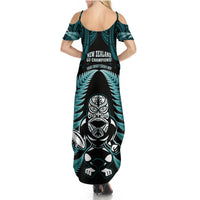 New Zealand Aotearoa Rugby Summer Maxi Dress NZ Tiki With Maori Fern World Cup Turquoise Version LT14 - Polynesian Pride