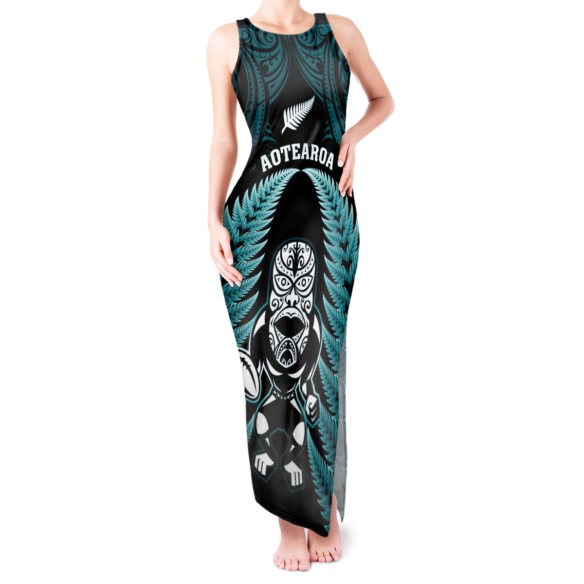 New Zealand Aotearoa Rugby Tank Maxi Dress NZ Tiki With Maori Fern World Cup Turquoise Version LT14 Women Turquoise - Polynesian Pride