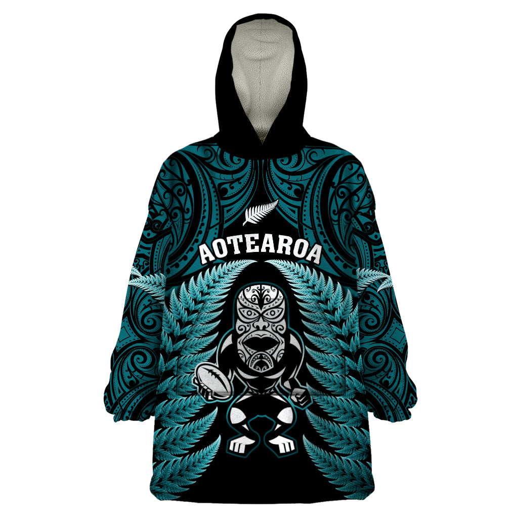 New Zealand Aotearoa Rugby Wearable Blanket Hoodie NZ Tiki With Maori Fern World Cup Turquoise Version LT14 One Size Turquoise - Polynesian Pride