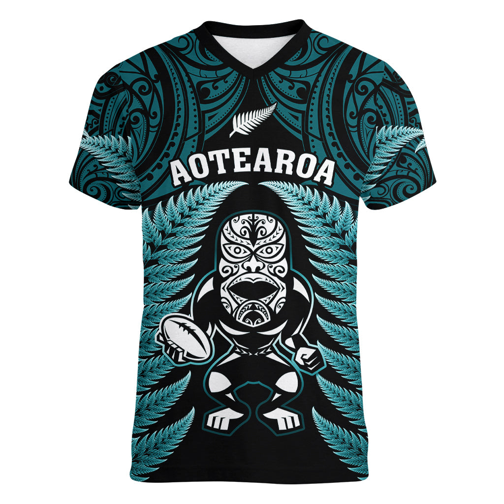 New Zealand Aotearoa Rugby Women V Neck T Shirt NZ Tiki With Maori Fern World Cup Turquoise Version LT14 Female Turquoise - Polynesian Pride