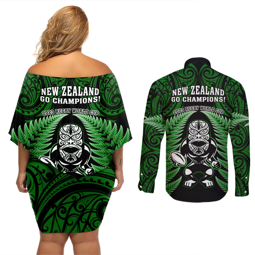 New Zealand Aotearoa Rugby Couples Matching Off Shoulder Short Dress and Long Sleeve Button Shirts NZ Tiki With Maori Fern World Cup Green Version LT14 - Polynesian Pride