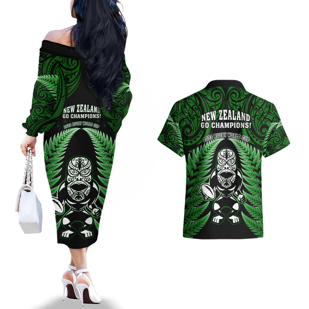 New Zealand Aotearoa Rugby Couples Matching Off The Shoulder Long Sleeve Dress and Hawaiian Shirt NZ Tiki With Maori Fern World Cup Green Version LT14 - Polynesian Pride