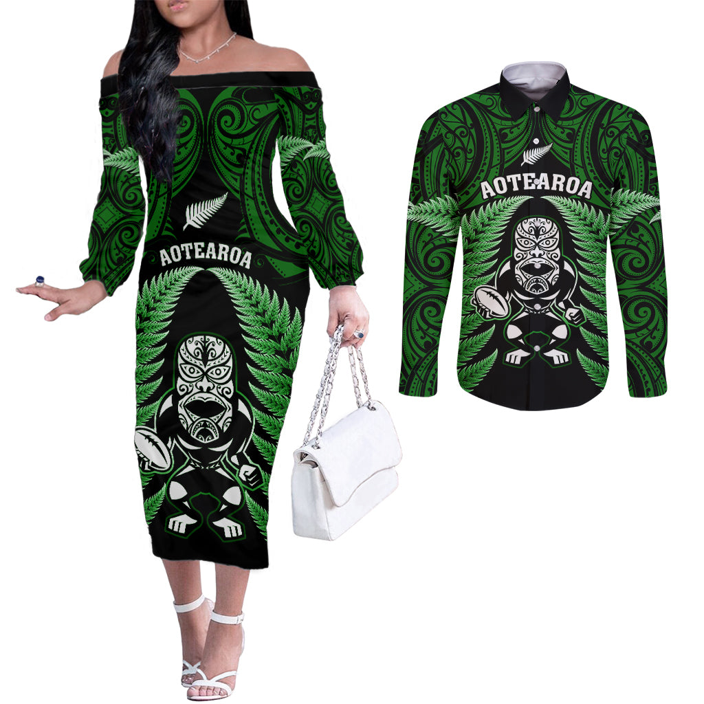 New Zealand Aotearoa Rugby Couples Matching Off The Shoulder Long Sleeve Dress and Long Sleeve Button Shirts NZ Tiki With Maori Fern World Cup Green Version LT14 Green - Polynesian Pride
