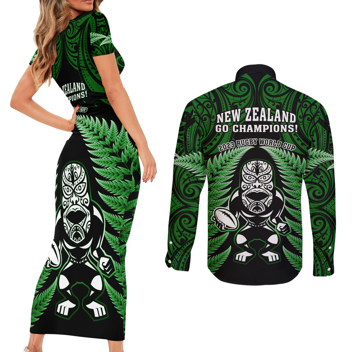 New Zealand Aotearoa Rugby Couples Matching Short Sleeve Bodycon Dress and Long Sleeve Button Shirts NZ Tiki With Maori Fern World Cup Green Version LT14 - Polynesian Pride