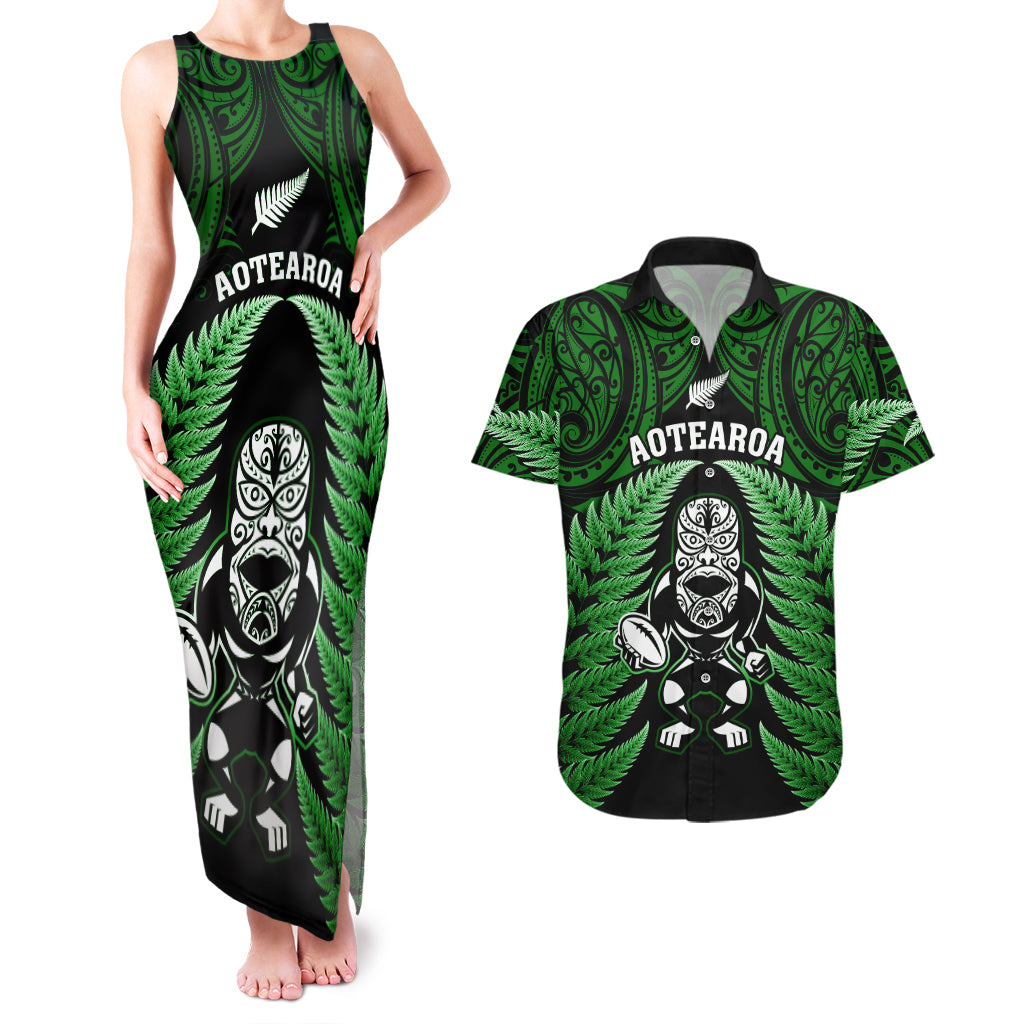 New Zealand Aotearoa Rugby Couples Matching Tank Maxi Dress and Hawaiian Shirt NZ Tiki With Maori Fern World Cup Green Version LT14 Green - Polynesian Pride