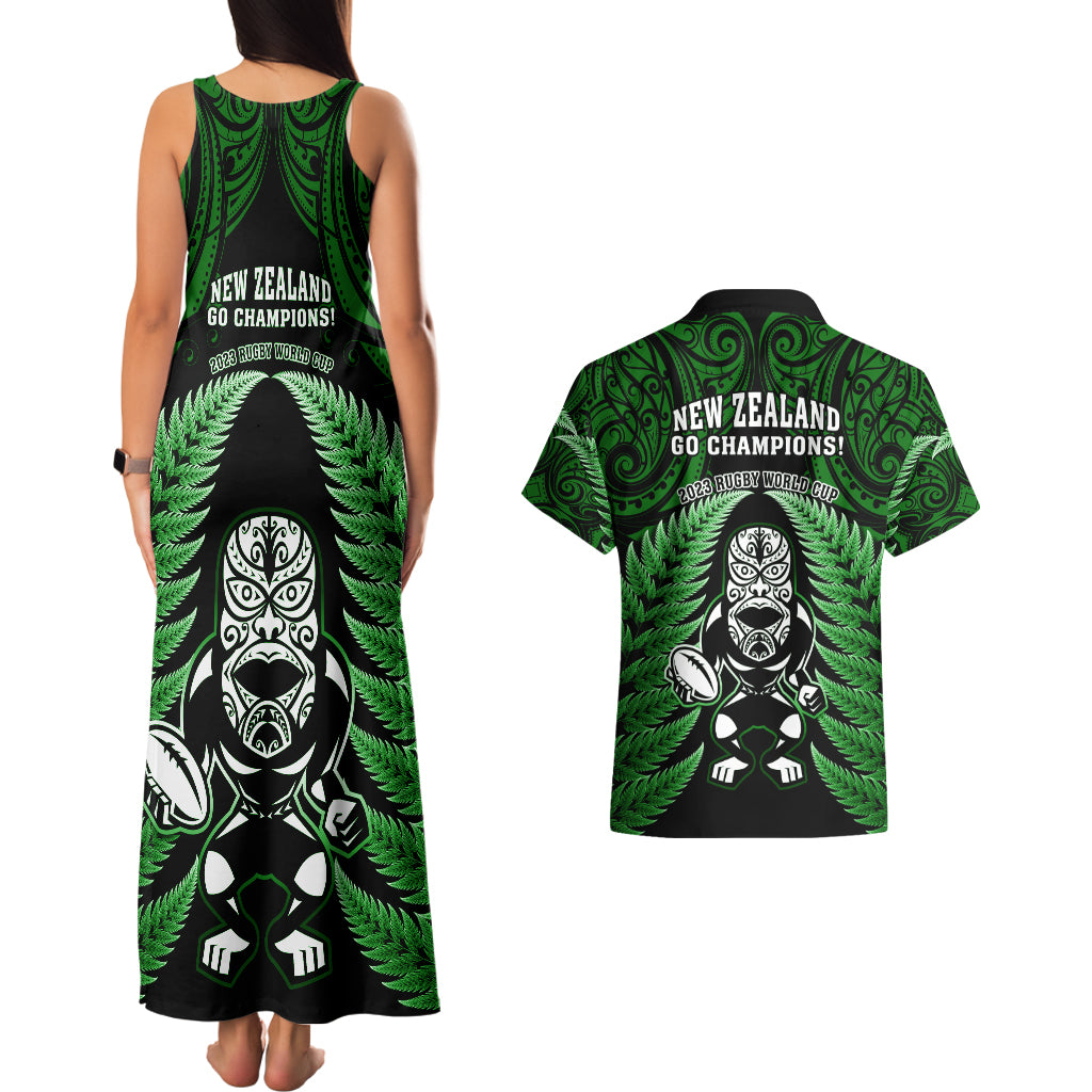 New Zealand Aotearoa Rugby Couples Matching Tank Maxi Dress and Hawaiian Shirt NZ Tiki With Maori Fern World Cup Green Version LT14 - Polynesian Pride