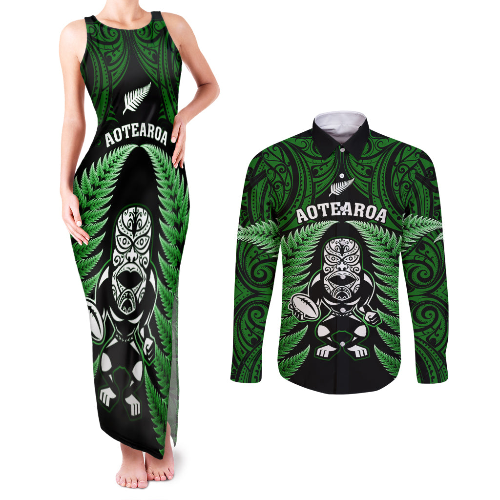 New Zealand Aotearoa Rugby Couples Matching Tank Maxi Dress and Long Sleeve Button Shirts NZ Tiki With Maori Fern World Cup Green Version LT14 Green - Polynesian Pride
