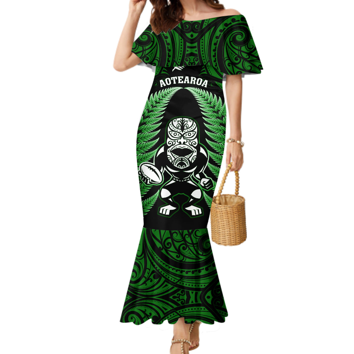 New Zealand Aotearoa Rugby Mermaid Dress NZ Tiki With Maori Fern World Cup Green Version LT14 Women Green - Polynesian Pride