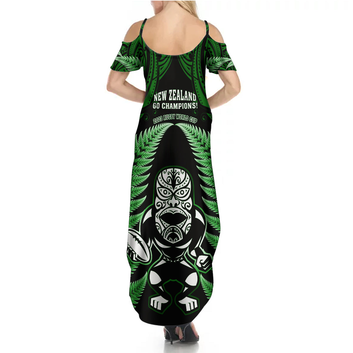 New Zealand Aotearoa Rugby Summer Maxi Dress NZ Tiki With Maori Fern World Cup Green Version LT14 - Polynesian Pride