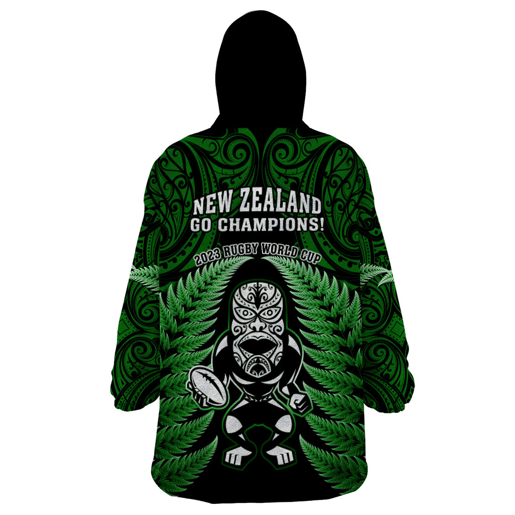 New Zealand Aotearoa Rugby Wearable Blanket Hoodie NZ Tiki With Maori Fern World Cup Green Version LT14 - Polynesian Pride