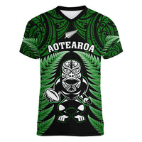 New Zealand Aotearoa Rugby Women V Neck T Shirt NZ Tiki With Maori Fern World Cup Green Version LT14 Female Green - Polynesian Pride