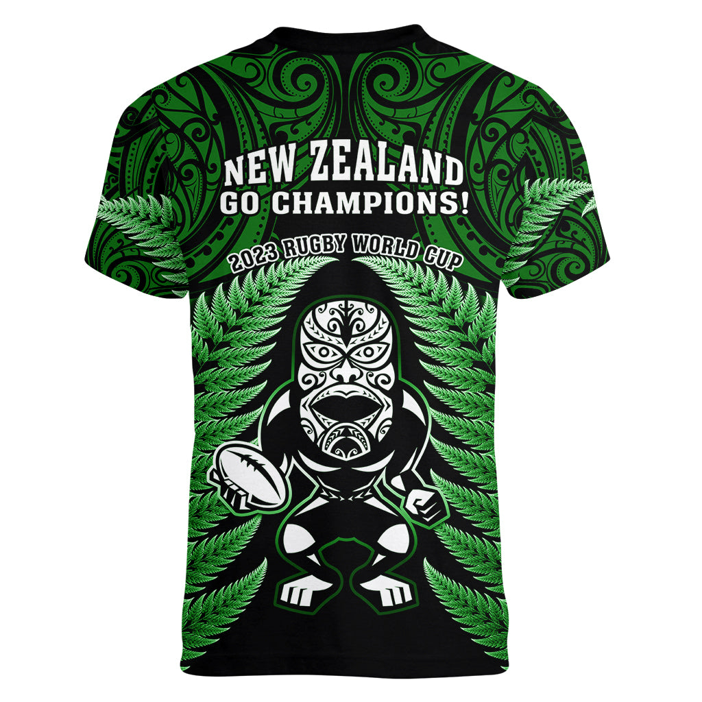 New Zealand Aotearoa Rugby Women V Neck T Shirt NZ Tiki With Maori Fern World Cup Green Version LT14 - Polynesian Pride