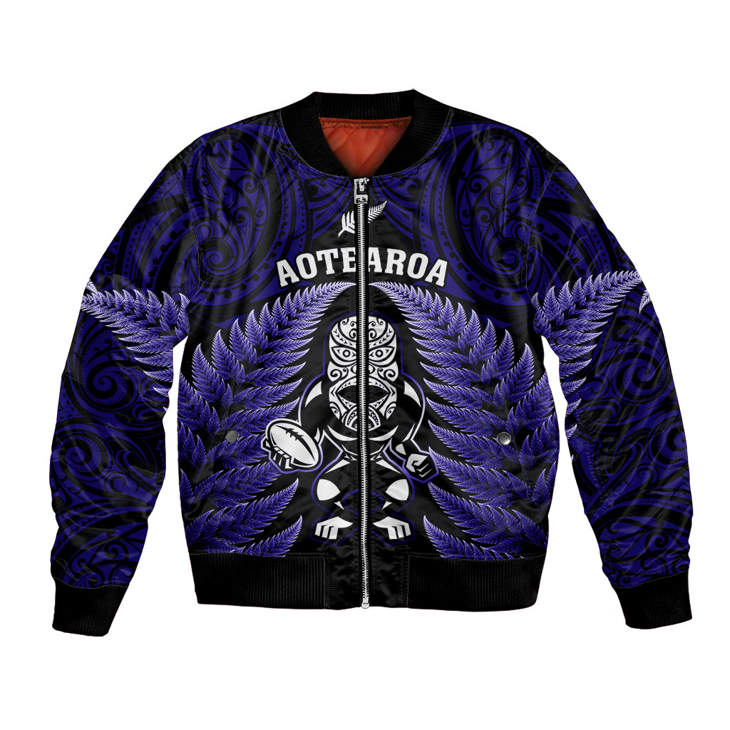 New Zealand Aotearoa Rugby Bomber Jacket NZ Tiki With Maori Fern World Cup Blue Version LT14 Unisex Blue - Polynesian Pride