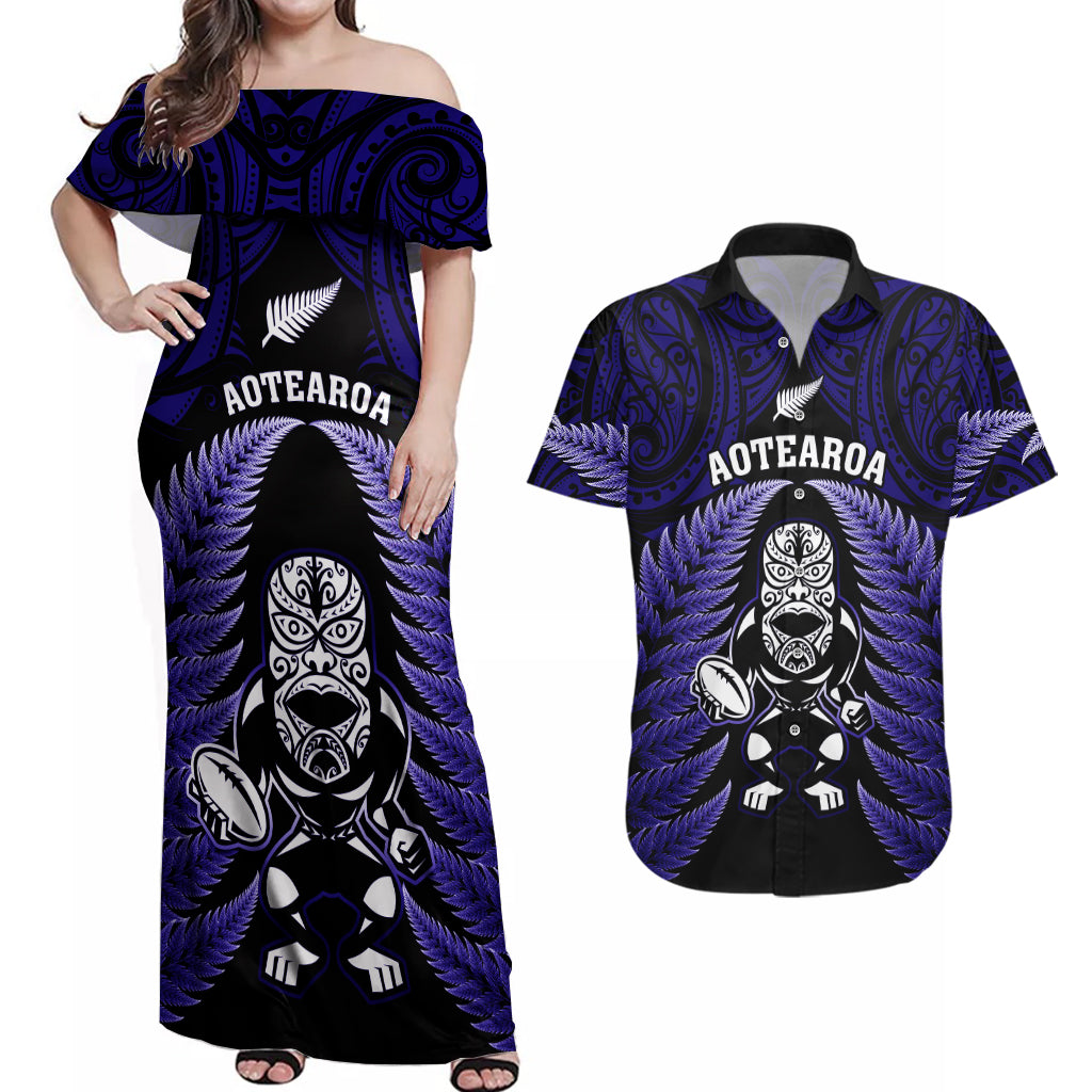 New Zealand Aotearoa Rugby Couples Matching Off Shoulder Maxi Dress and Hawaiian Shirt NZ Tiki With Maori Fern World Cup Blue Version LT14 Blue - Polynesian Pride