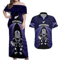 New Zealand Aotearoa Rugby Couples Matching Off Shoulder Maxi Dress and Hawaiian Shirt NZ Tiki With Maori Fern World Cup Blue Version LT14 Blue - Polynesian Pride