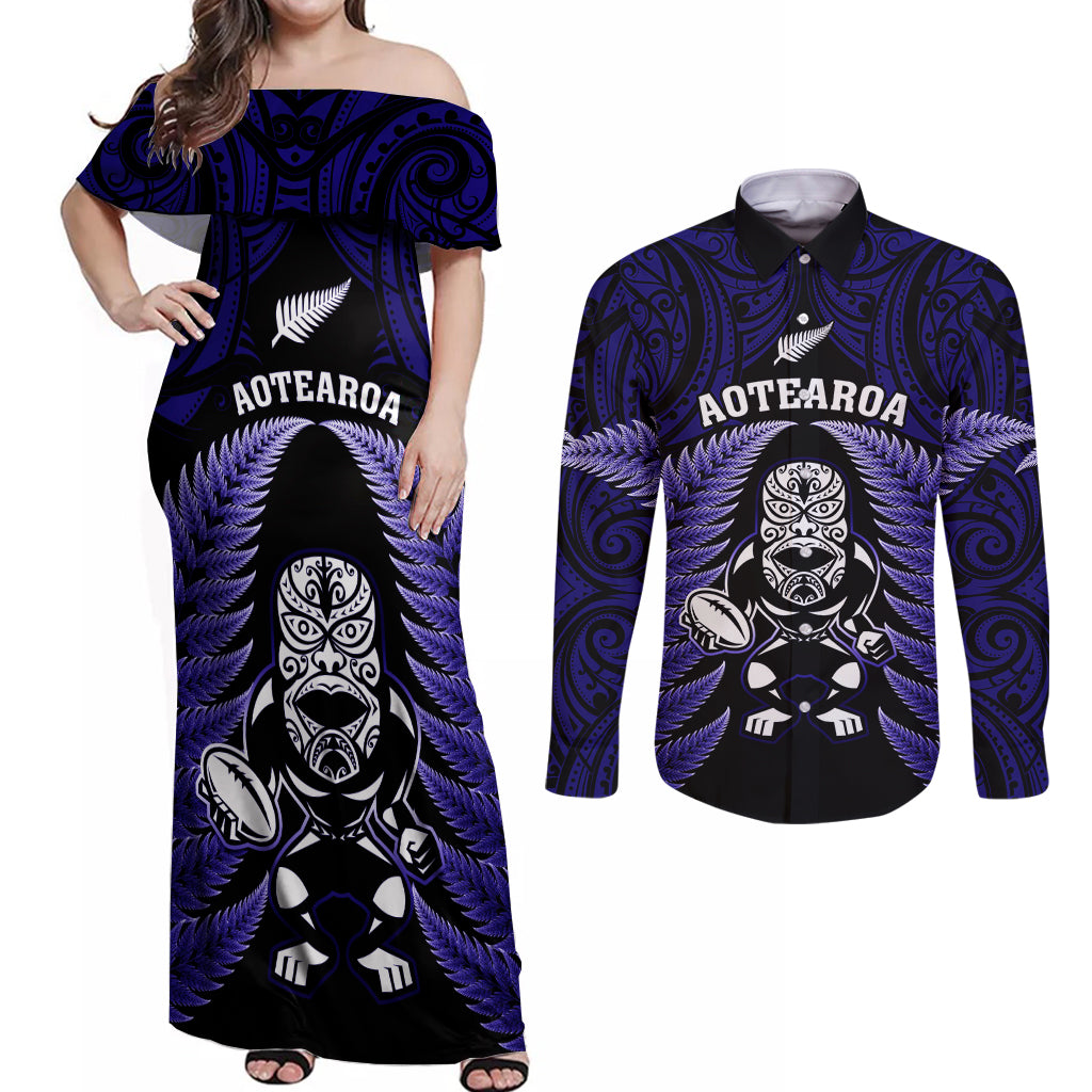 New Zealand Aotearoa Rugby Couples Matching Off Shoulder Maxi Dress and Long Sleeve Button Shirts NZ Tiki With Maori Fern World Cup Blue Version LT14 Blue - Polynesian Pride