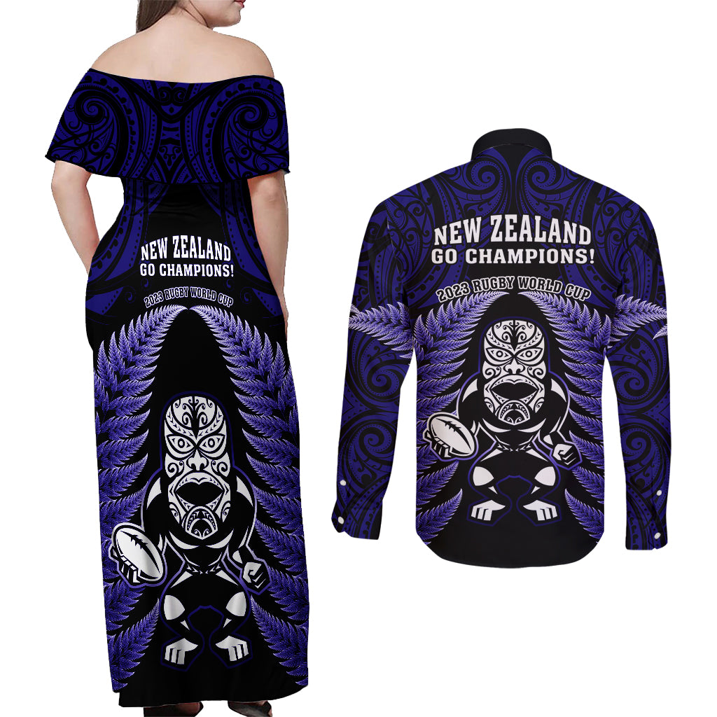 New Zealand Aotearoa Rugby Couples Matching Off Shoulder Maxi Dress and Long Sleeve Button Shirts NZ Tiki With Maori Fern World Cup Blue Version LT14 - Polynesian Pride