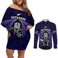 New Zealand Aotearoa Rugby Couples Matching Off Shoulder Short Dress and Long Sleeve Button Shirts NZ Tiki With Maori Fern World Cup Blue Version LT14 Blue - Polynesian Pride
