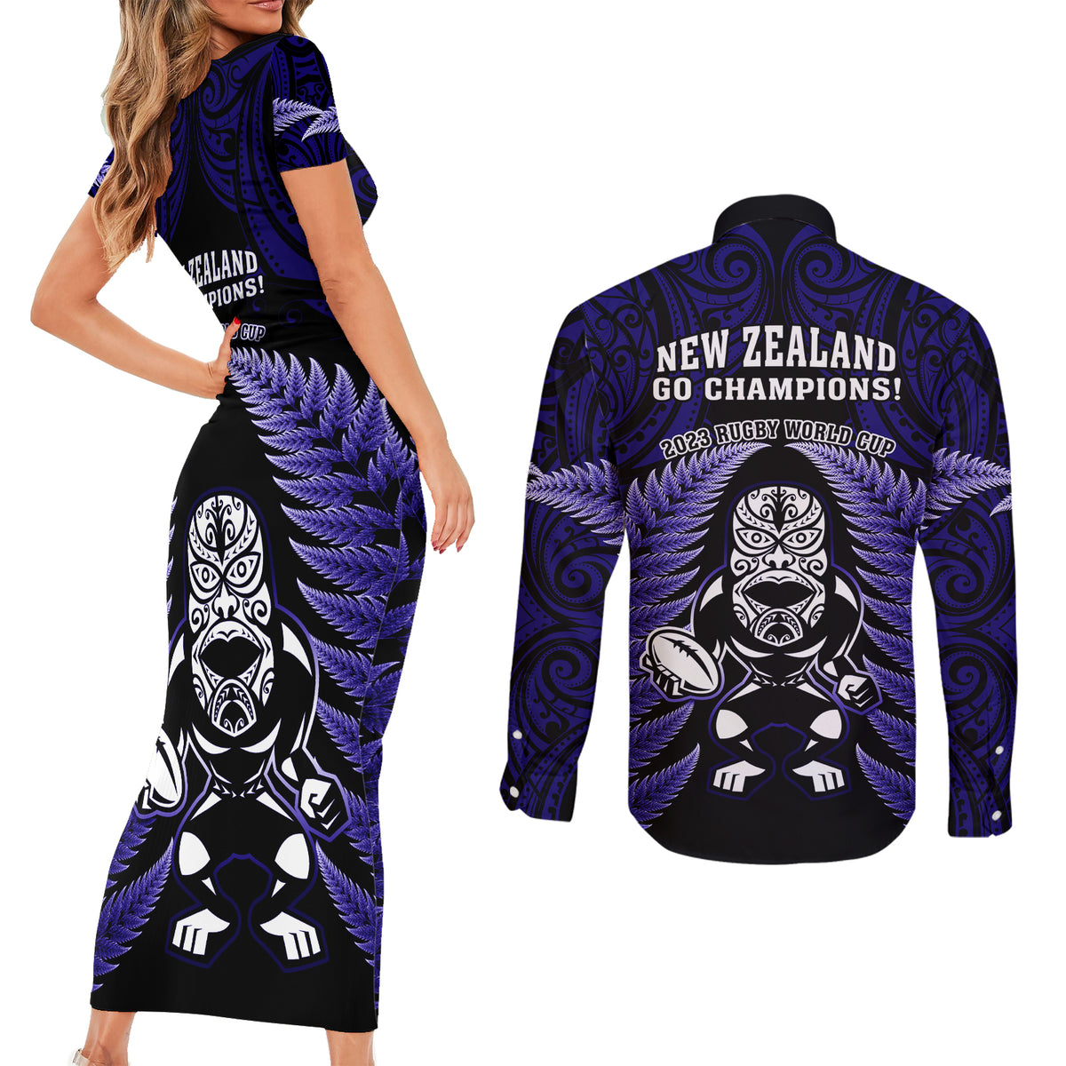 New Zealand Aotearoa Rugby Couples Matching Short Sleeve Bodycon Dress and Long Sleeve Button Shirts NZ Tiki With Maori Fern World Cup Blue Version LT14 - Polynesian Pride