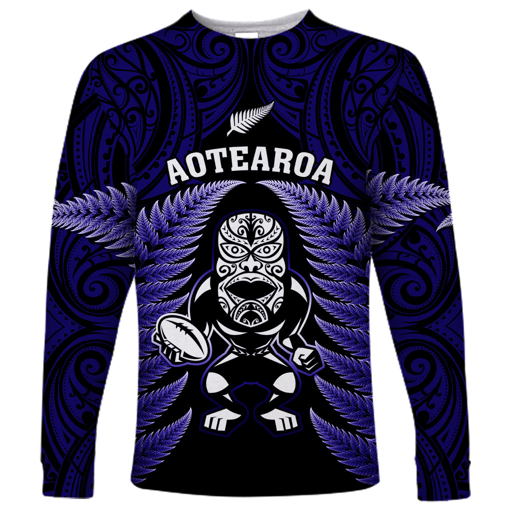 New Zealand Aotearoa Rugby Long Sleeve Shirt NZ Tiki With Maori Fern World Cup Blue Version LT14 Unisex Blue - Polynesian Pride