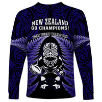 New Zealand Aotearoa Rugby Long Sleeve Shirt NZ Tiki With Maori Fern World Cup Blue Version LT14 - Polynesian Pride