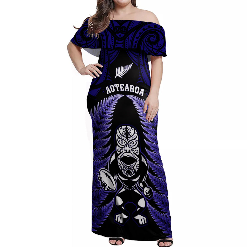 New Zealand Aotearoa Rugby Off Shoulder Maxi Dress NZ Tiki With Maori Fern World Cup Blue Version LT14 Women Blue - Polynesian Pride