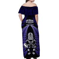 New Zealand Aotearoa Rugby Off Shoulder Maxi Dress NZ Tiki With Maori Fern World Cup Blue Version LT14 - Polynesian Pride