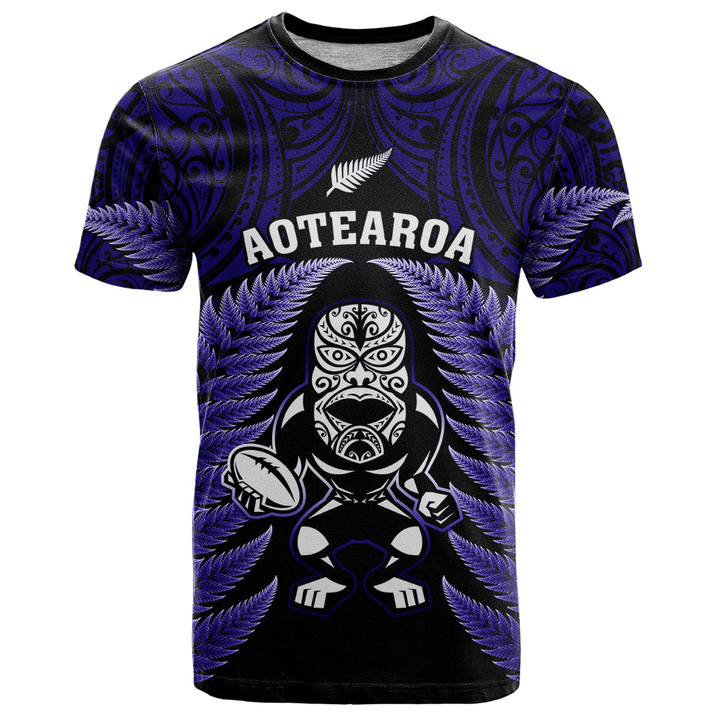 New Zealand Aotearoa Rugby T Shirt NZ Tiki With Maori Fern World Cup Blue Version LT14 Blue - Polynesian Pride