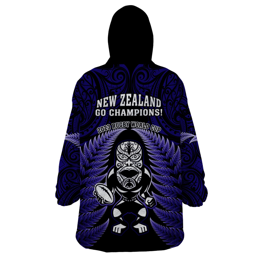 New Zealand Aotearoa Rugby Wearable Blanket Hoodie NZ Tiki With Maori Fern World Cup Blue Version LT14 - Polynesian Pride