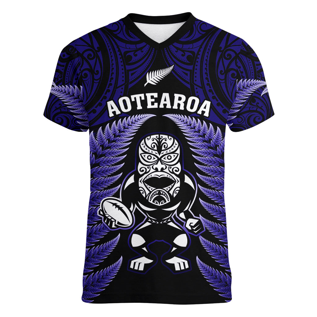 New Zealand Aotearoa Rugby Women V Neck T Shirt NZ Tiki With Maori Fern World Cup Blue Version LT14 Female Blue - Polynesian Pride