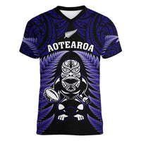 New Zealand Aotearoa Rugby Women V Neck T Shirt NZ Tiki With Maori Fern World Cup Blue Version LT14 Female Blue - Polynesian Pride