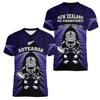 New Zealand Aotearoa Rugby Women V Neck T Shirt NZ Tiki With Maori Fern World Cup Blue Version LT14 - Polynesian Pride