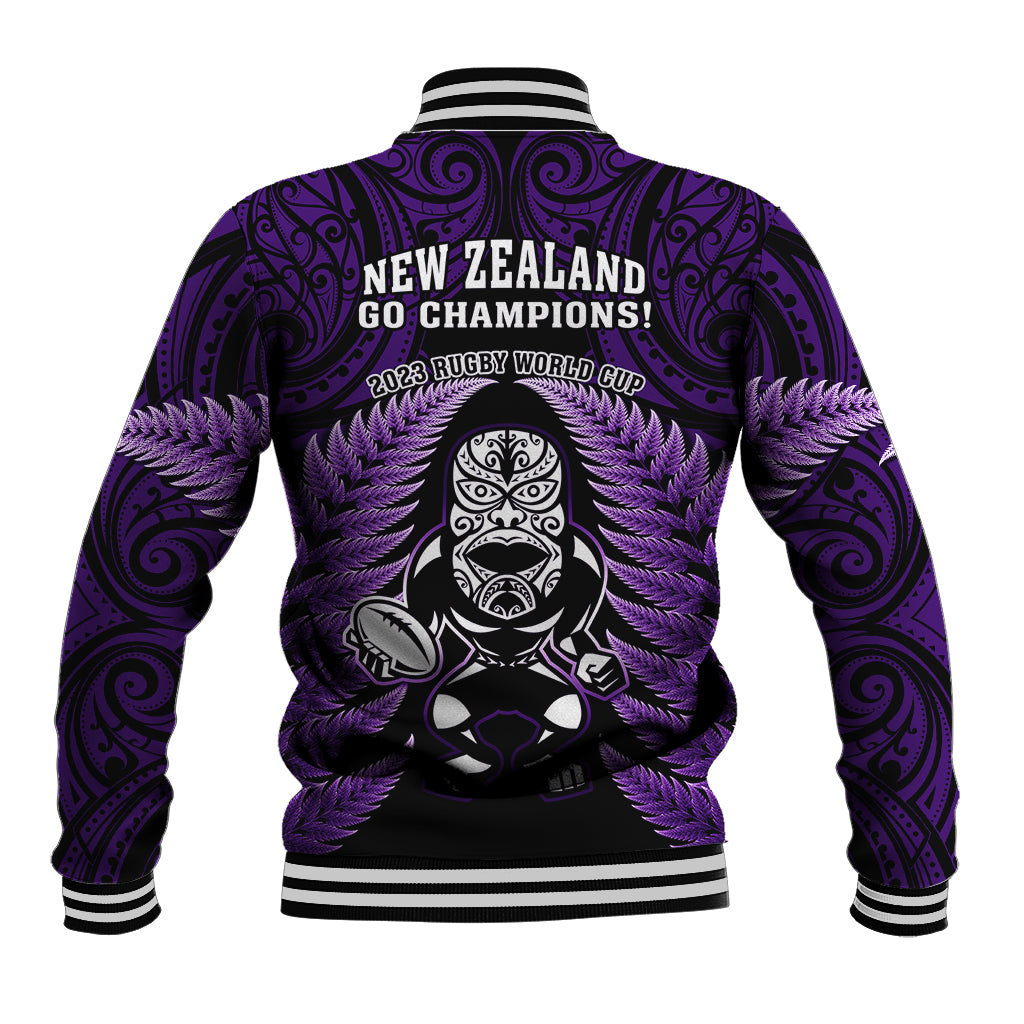 New Zealand Aotearoa Rugby Baseball Jacket NZ Tiki With Maori Fern World Cup Purple Version LT14 - Polynesian Pride
