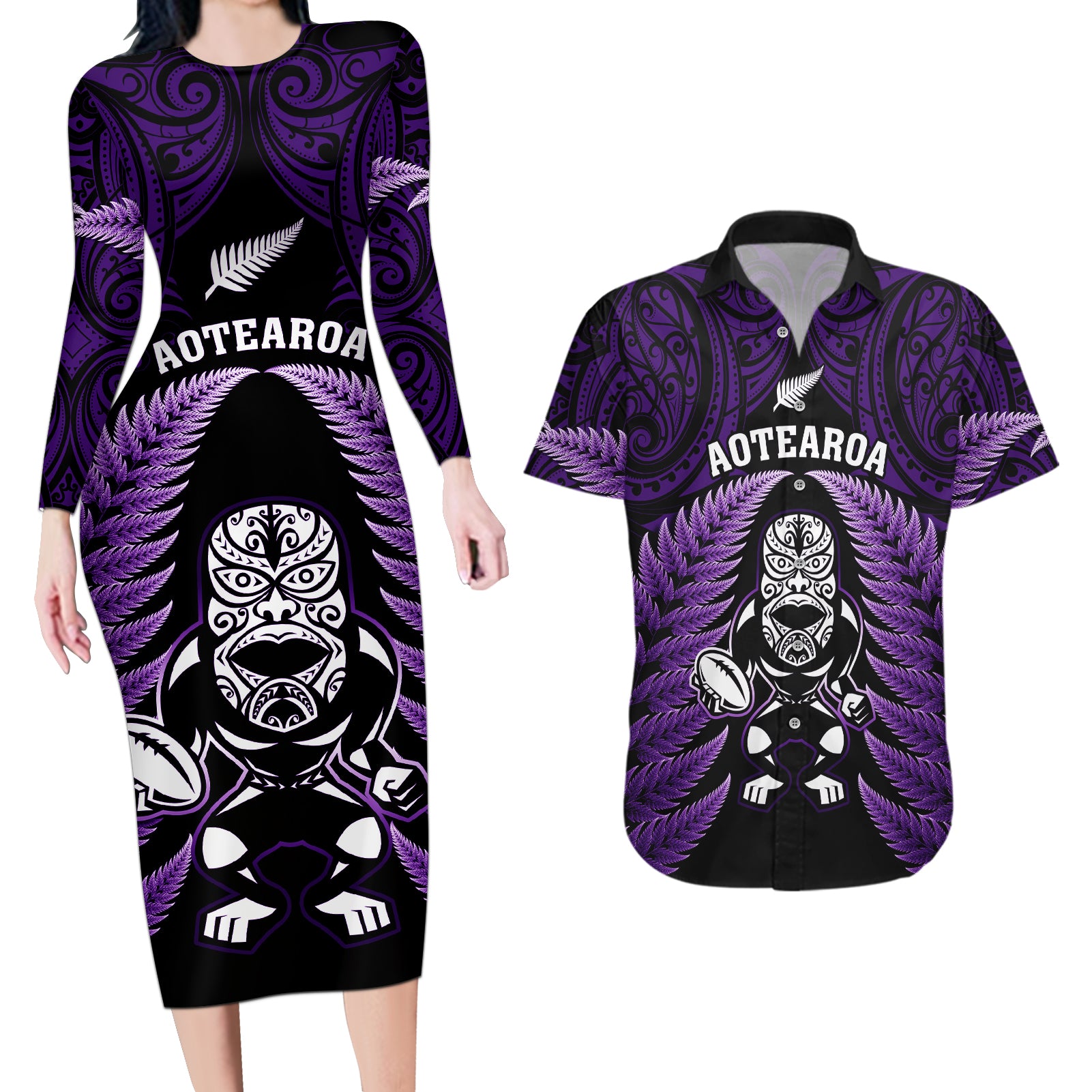 New Zealand Aotearoa Rugby Couples Matching Long Sleeve Bodycon Dress and Hawaiian Shirt NZ Tiki With Maori Fern World Cup Purple Version LT14 Purple - Polynesian Pride