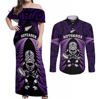 New Zealand Aotearoa Rugby Couples Matching Off Shoulder Maxi Dress and Long Sleeve Button Shirts NZ Tiki With Maori Fern World Cup Purple Version LT14 Purple - Polynesian Pride