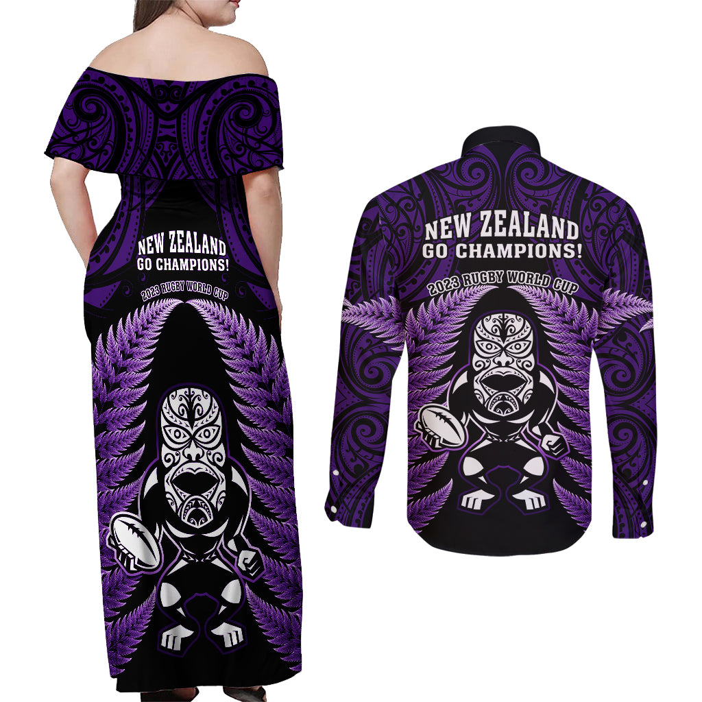 New Zealand Aotearoa Rugby Couples Matching Off Shoulder Maxi Dress and Long Sleeve Button Shirts NZ Tiki With Maori Fern World Cup Purple Version LT14 - Polynesian Pride