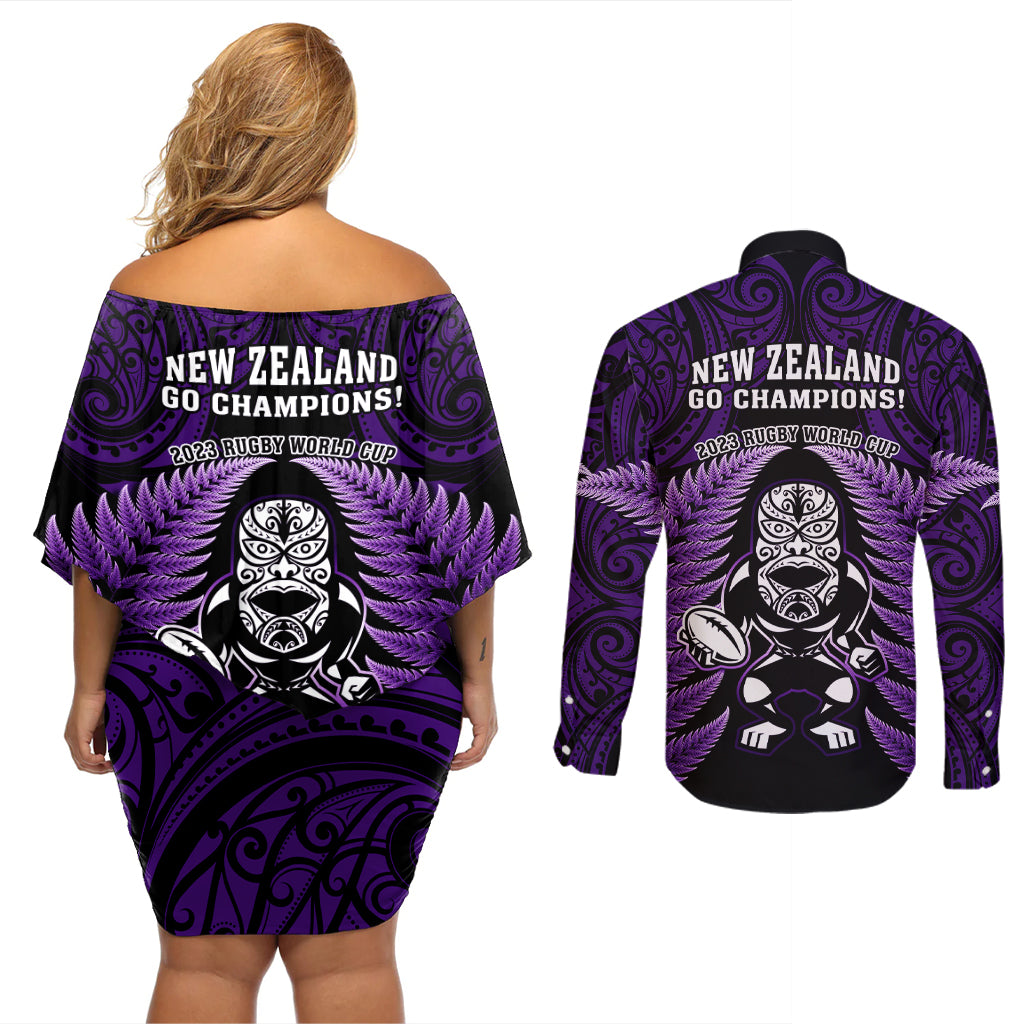 New Zealand Aotearoa Rugby Couples Matching Off Shoulder Short Dress and Long Sleeve Button Shirts NZ Tiki With Maori Fern World Cup Purple Version LT14 - Polynesian Pride