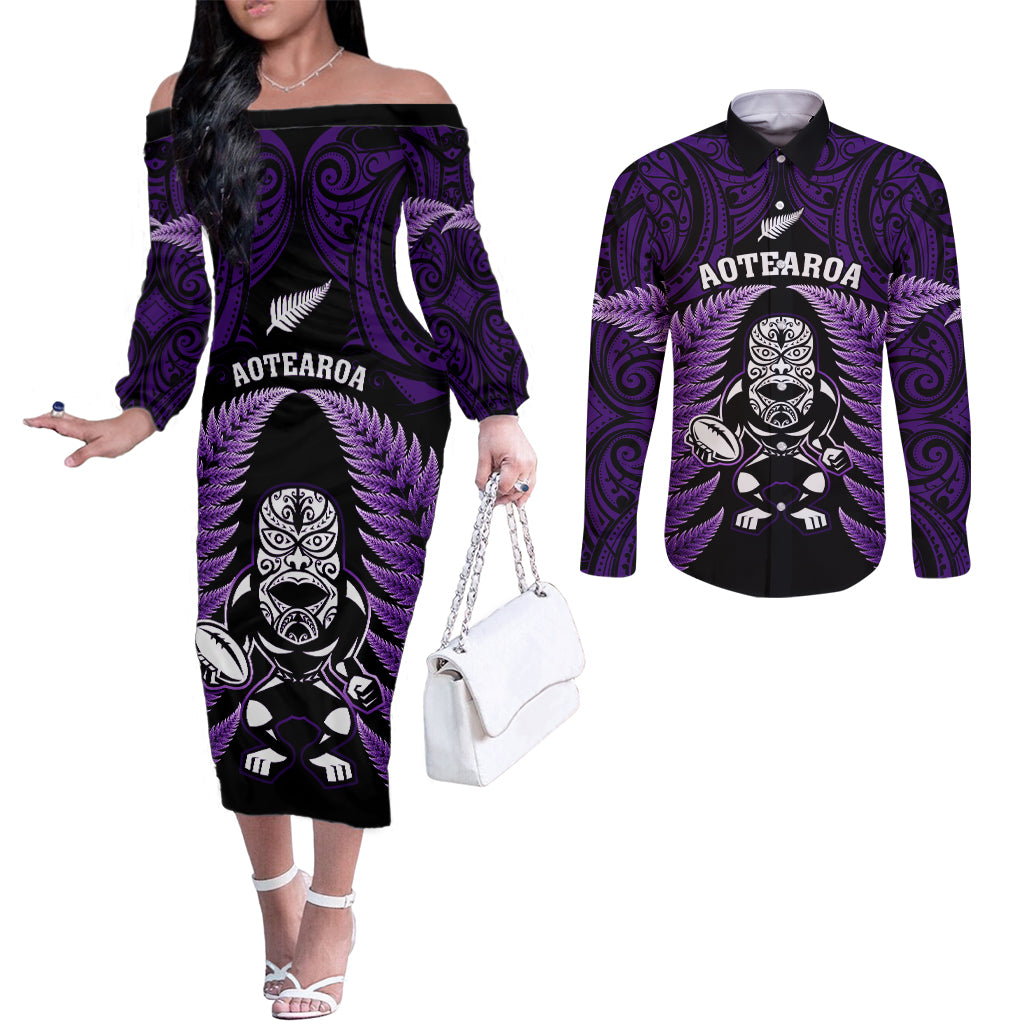 New Zealand Aotearoa Rugby Couples Matching Off The Shoulder Long Sleeve Dress and Long Sleeve Button Shirts NZ Tiki With Maori Fern World Cup Purple Version LT14 Purple - Polynesian Pride