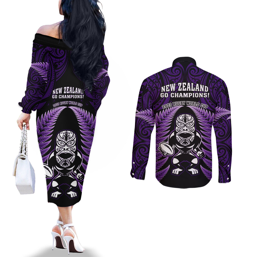 New Zealand Aotearoa Rugby Couples Matching Off The Shoulder Long Sleeve Dress and Long Sleeve Button Shirts NZ Tiki With Maori Fern World Cup Purple Version LT14 - Polynesian Pride