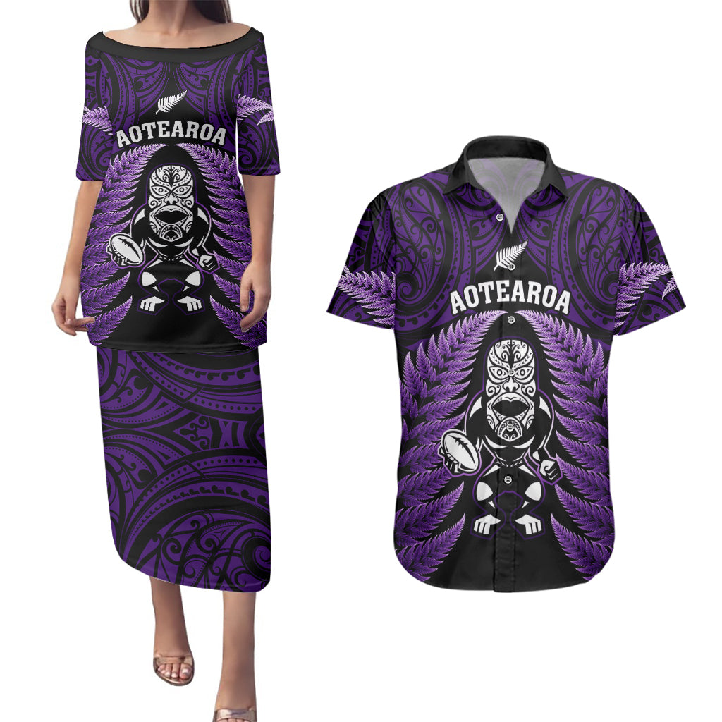 New Zealand Aotearoa Rugby Couples Matching Puletasi Dress and Hawaiian Shirt NZ Tiki With Maori Fern World Cup Purple Version LT14 Purple - Polynesian Pride