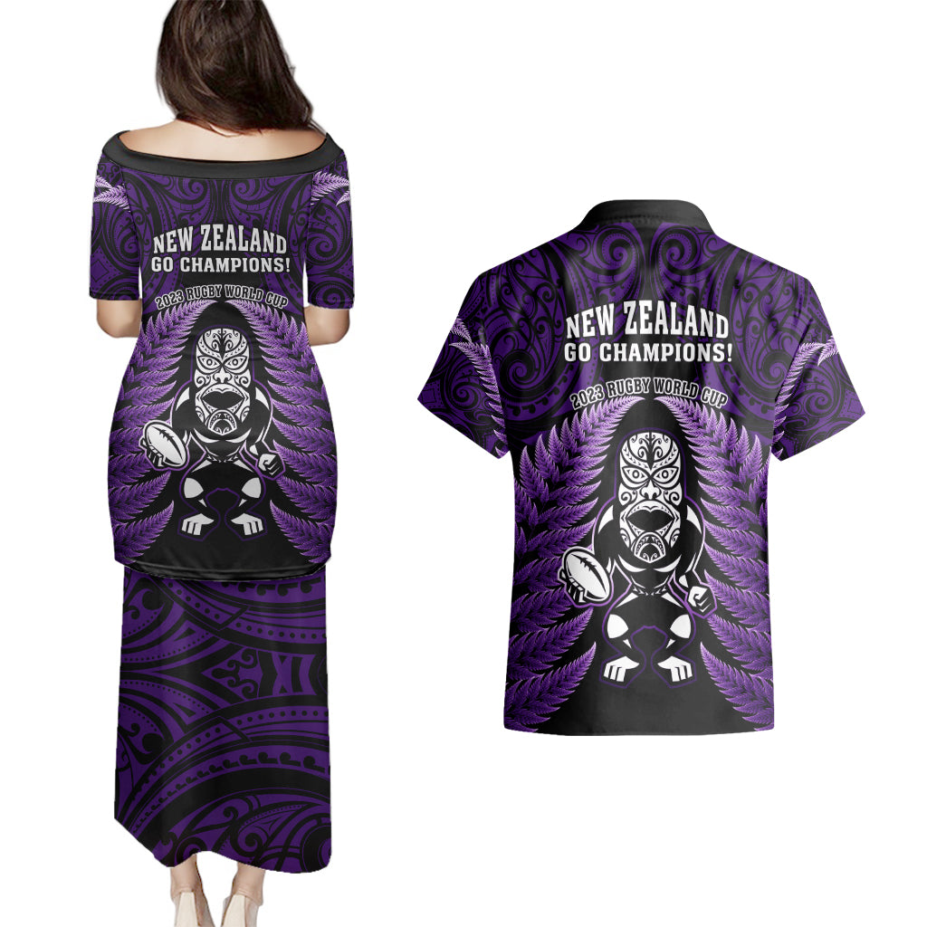 New Zealand Aotearoa Rugby Couples Matching Puletasi Dress and Hawaiian Shirt NZ Tiki With Maori Fern World Cup Purple Version LT14 - Polynesian Pride