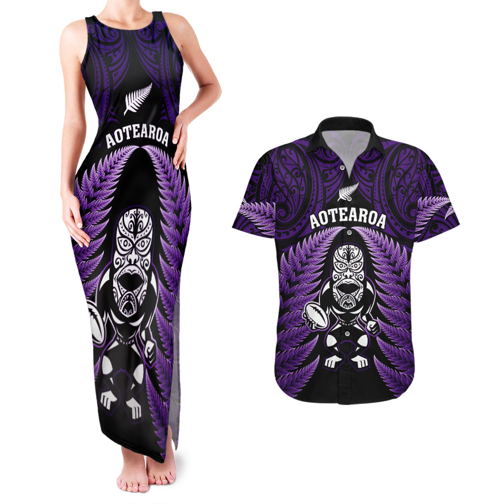 New Zealand Aotearoa Rugby Couples Matching Tank Maxi Dress and Hawaiian Shirt NZ Tiki With Maori Fern World Cup Purple Version LT14 Purple - Polynesian Pride