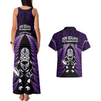 New Zealand Aotearoa Rugby Couples Matching Tank Maxi Dress and Hawaiian Shirt NZ Tiki With Maori Fern World Cup Purple Version LT14 - Polynesian Pride