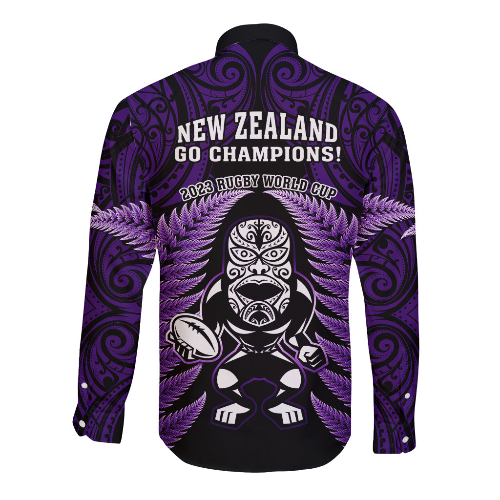 New Zealand Aotearoa Rugby Long Sleeve Button Shirt NZ Tiki With Maori Fern World Cup Purple Version LT14 - Polynesian Pride